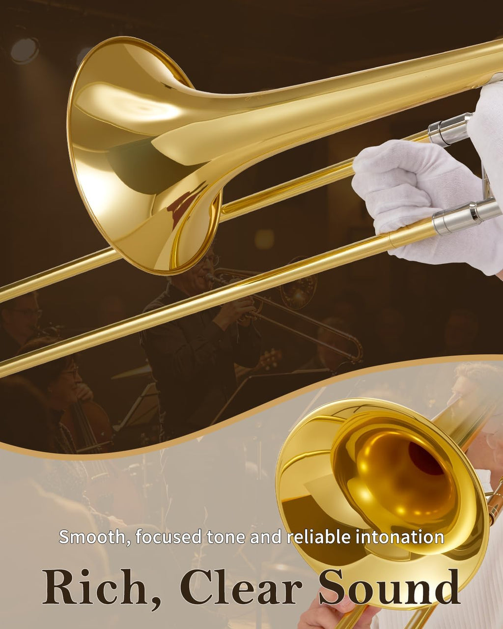 STRICH Bb Tenor Slide Trombone Student Beginner Brass Trombone Kit with 7C Mouthpiece White Gloves Cleaning Kit Hard Performance Case, STB-1G, Gold