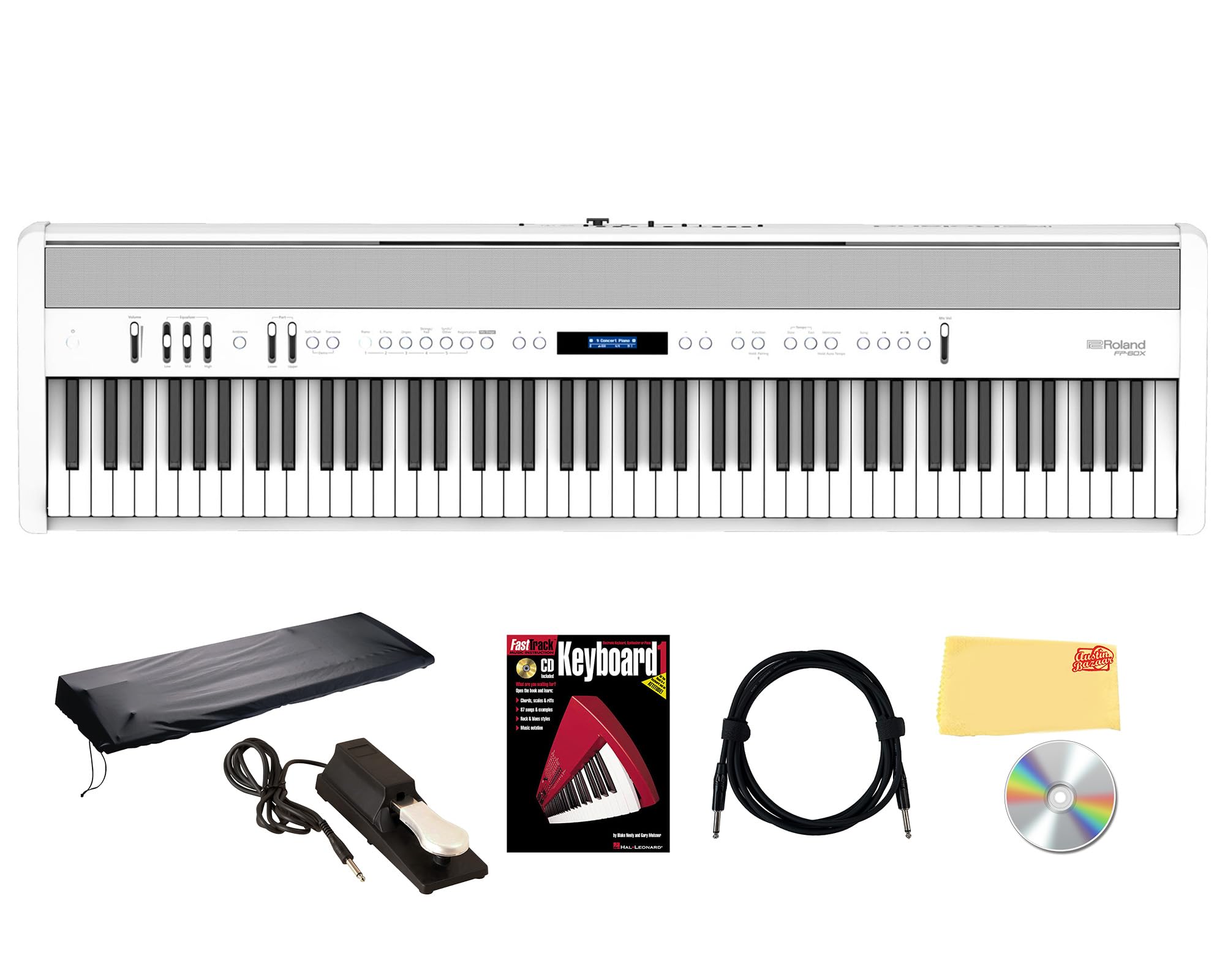 Roland FP-60X 88-Key Digital Piano - White Bundle with Adjustable Stand, Bench, Deluxe Sustain Pedal, Online Piano Lessons, Instructional DVD, and Austin Bazaar Polishing Cloth