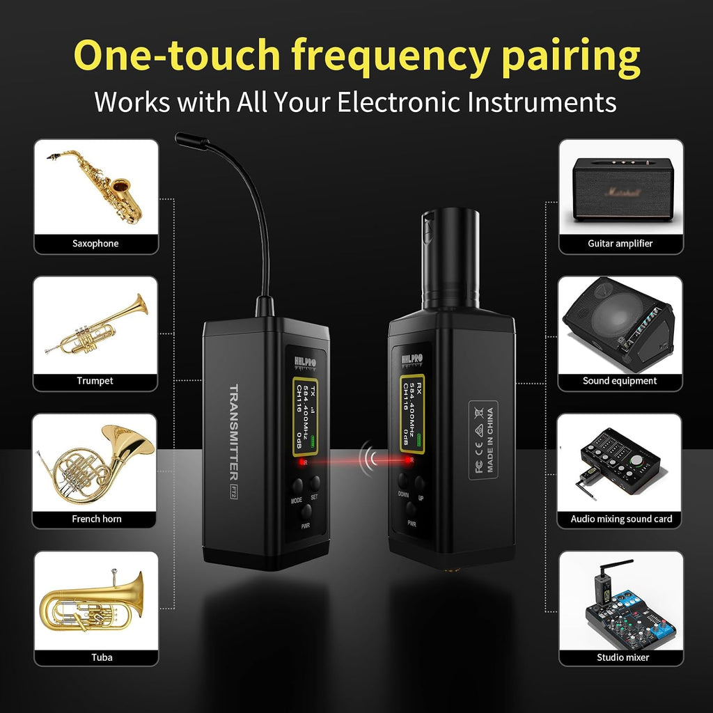 Saxophone Wireless Microphone System for Clarinet, Brass Instrument | UHF, 260FT Range, 360° Rotatable Clip-on Mic, XLR Adapter, Low Latency Transmitter & Receiver, F40S