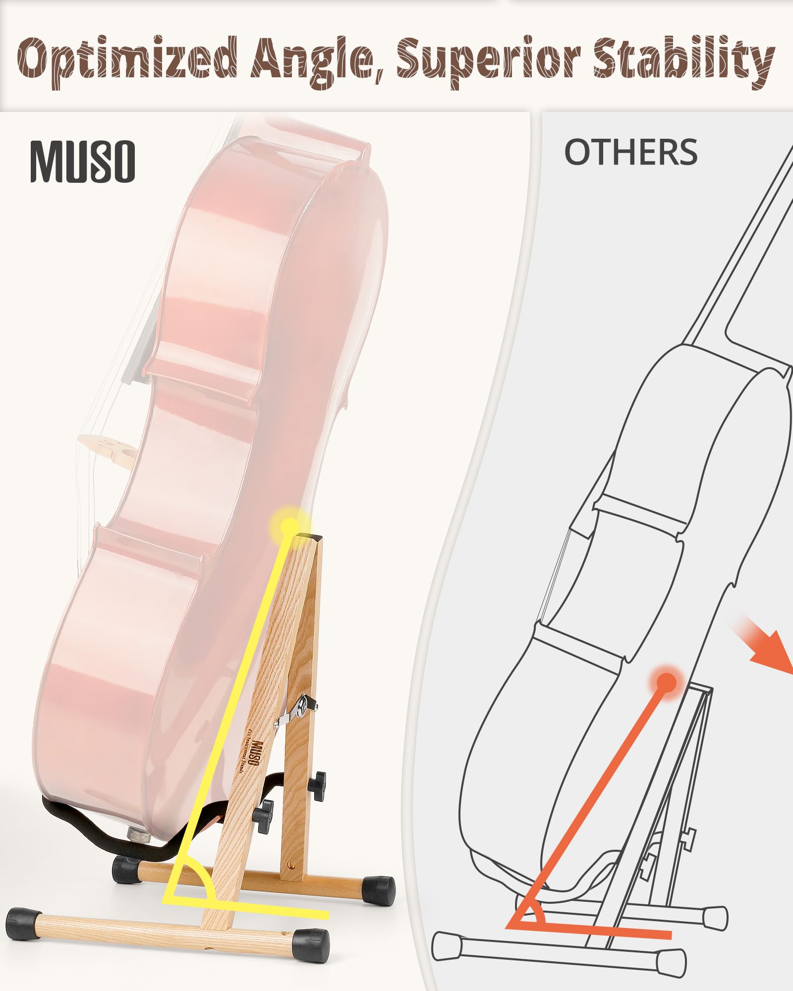 MUSO Cello Stand with Bow Holder,A-Frame Floor Stand with Padded Foam, Handcrafted Cello Rack Fits 1/2, 3/4, 7/8, 4/4 Full-Size and Guitar, Instrument Holder for Home and Studio Display