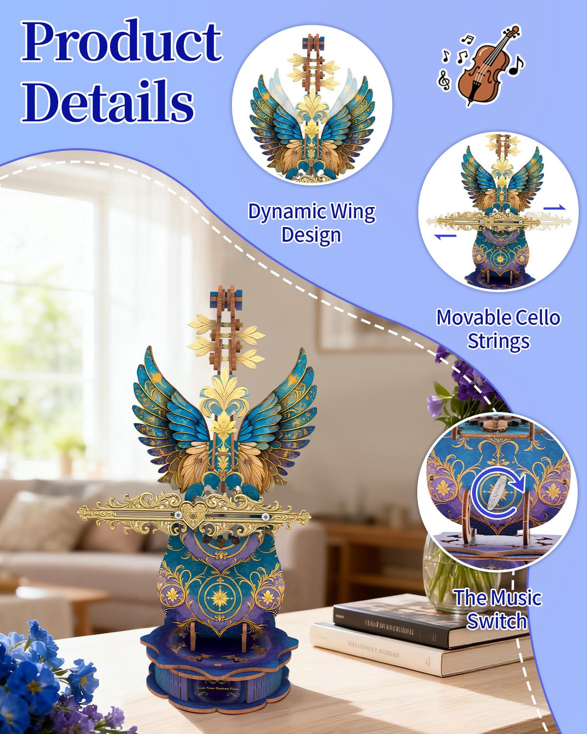 3D Puzzles for Adults, Mechanical Wooden Cello Music Box Puzzles, DIY Flower Music Box Cello Crafts Model Kits Home Decor for Women Holiday Weddings