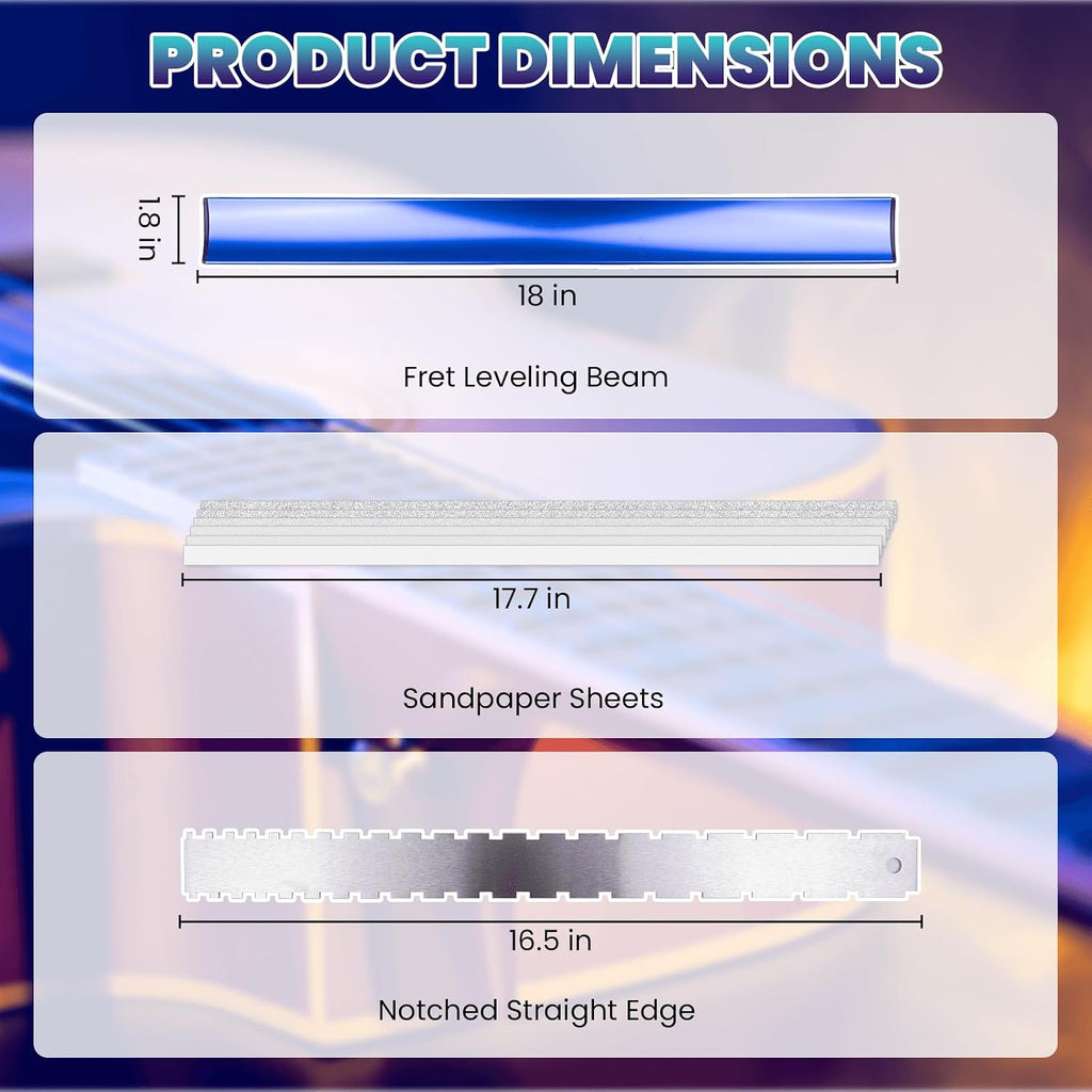 Complete Fret Leveling Kit with 18" Beam, Notched Ruler, Sandpaper (120–1000 Grit), Fret Rocker, Crowning File & Guitar Setup Tools – Guitar & Bass Maintenance Kit