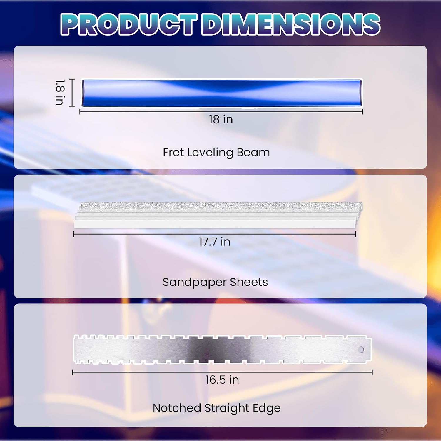 Complete Fret Leveling Kit with 18" Beam, Notched Ruler, Sandpaper (120–1000 Grit), Fret Rocker, Crowning File & Guitar Setup Tools – Guitar & Bass Maintenance Kit