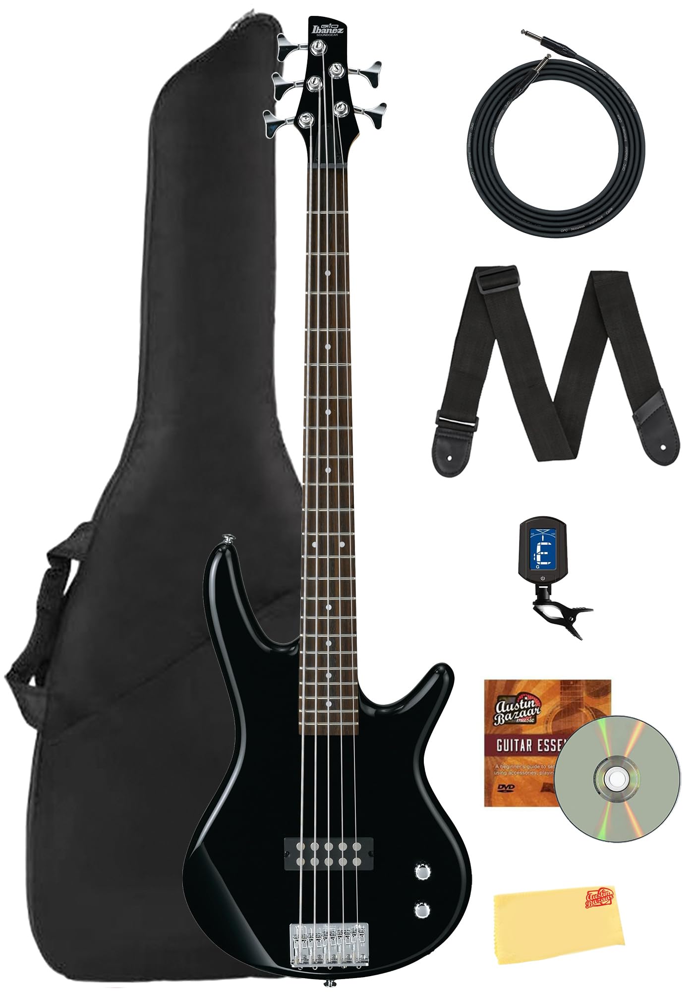 Ibanez GSR205B SR Gio 5-String Bass Guitar - Walnut Flat Bundle with Gig Bag, Tuner, Strap, Cable, Austin Bazaar Instructional DVD, and Polishing Cloth