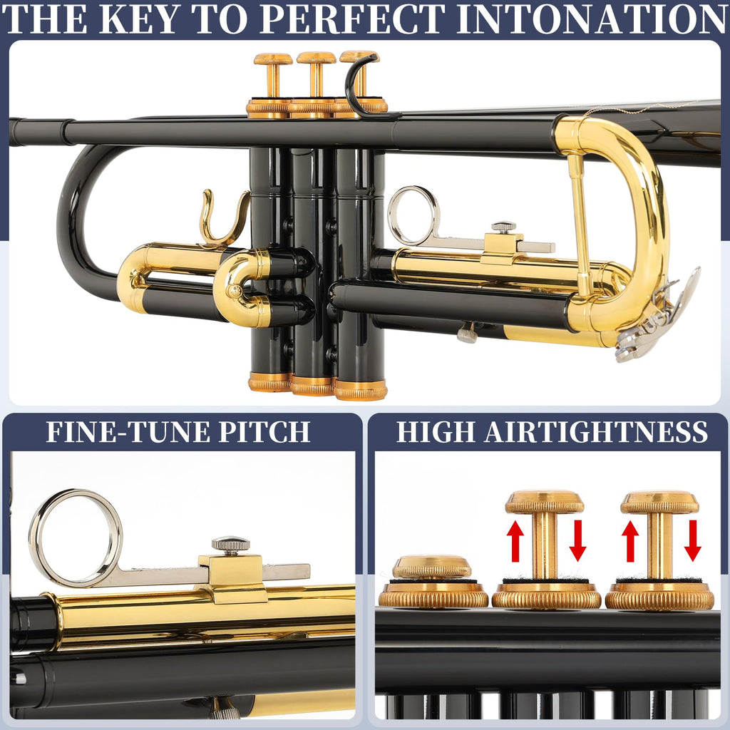 Kmise Bb Standard Trumpet, Premium Brass Trumpets for Student Beginner, Trumpet Instrument Set with Upgraded Case, 7C Mouthpiece, Mute, Beginner's Guide Kit, Cleaning Kit (Gold)
