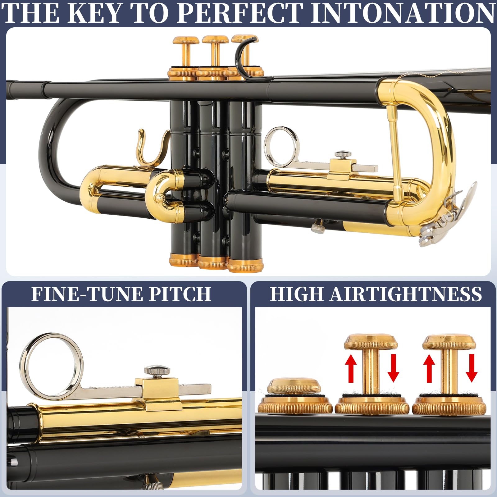 Kmise Bb Standard Trumpet, Premium Brass Trumpets for Student Beginner, Trumpet Instrument Set with Upgraded Case, 7C Mouthpiece, Mute, Beginner's Guide Kit, Cleaning Kit (Gold)
