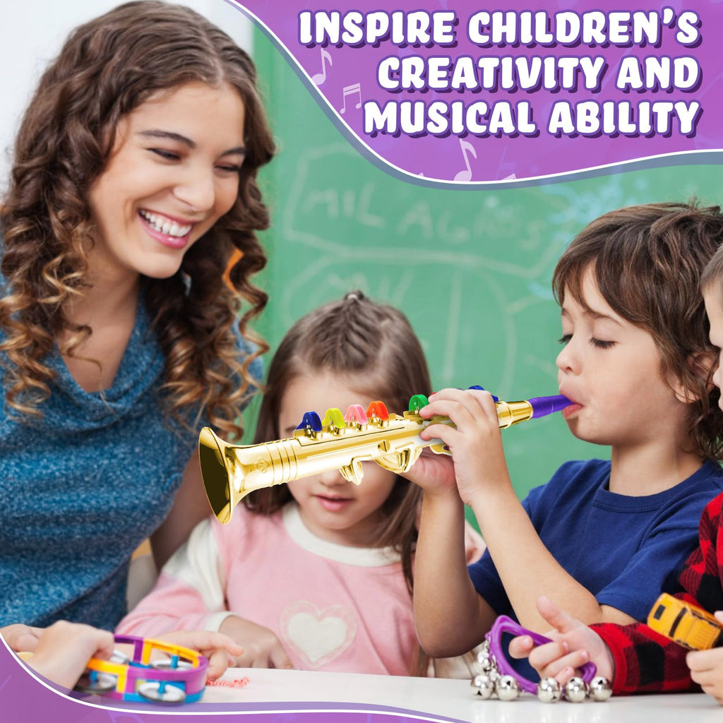 Lewtemi Gold Trumpet Musical Instruments Toy for Kid Toddler Fake Plastic Preschool Music Toy Gift Non-Professional Wind Instrument Early Educational Teaching Songs Gifts for Toddlers Children