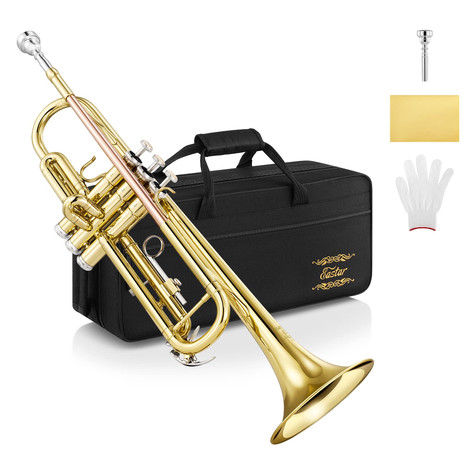 Eastar Bb Standard Trumpet Set for Beginner, Brass Student Trumpet Instrument with Hard Case, Cleaning Kit, 7C Mouthpiece and Gloves, ETR-380N, Silver