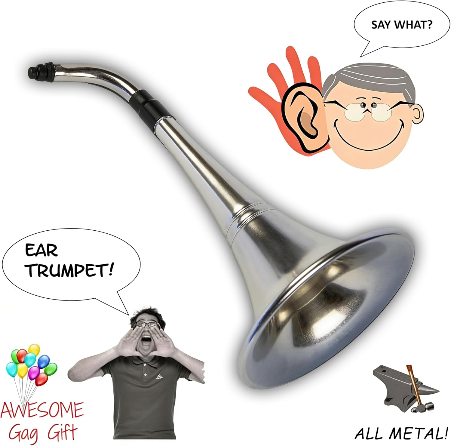 Ear Trumpet Horn, Metal Hearing Cone Gag Gift for Retirement & Birthday | All-metal, vintage silver finish, funnels real sound; gag gift for retirement, birthday, White Elephant, Secret Santa