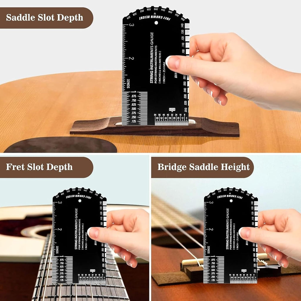 Alomejor String Action Gauge Ruler, Metric and SAE Measurement Scale, String Height Tool for Musical Instruments