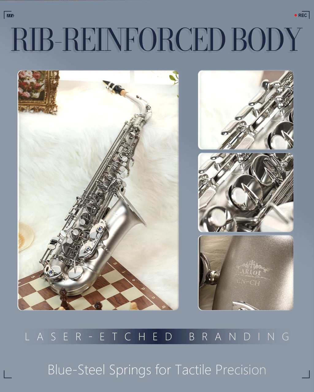 AKLOT Handcrafted E-Flat Alto Saxophone: Matte Silver Brass Body with Warm, Rich Tone, Secure Air Seal, Smooth 23-Key System, Includes Reeds, Premium Leather Case and Saxophone Cleaning Kit (CH-FM)