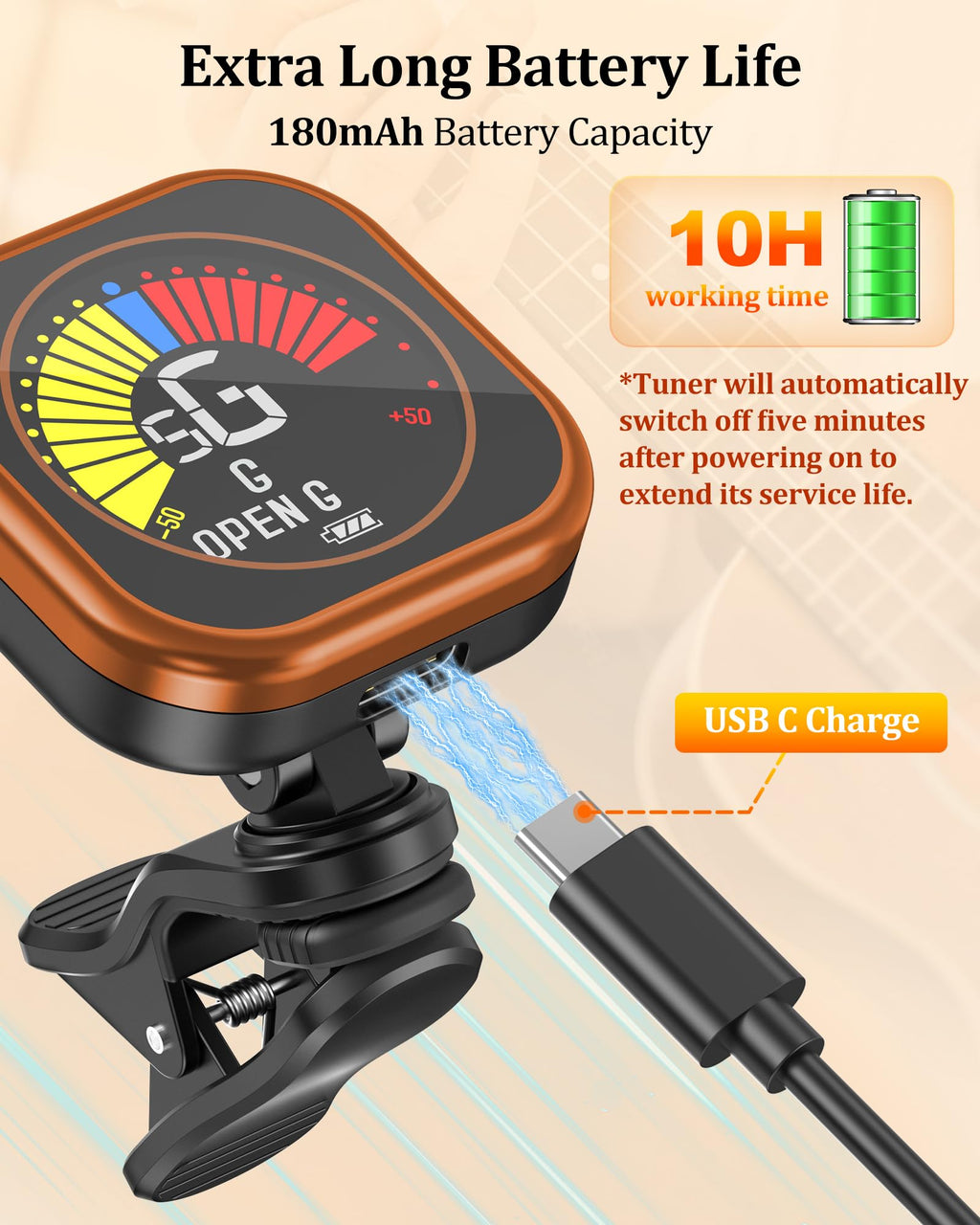 New Bee Guitar Tuner Clip-On Rechargeable with Color Screen 360° Rotatable Acoustic Chromatic Open Tuning for Guitar, Bass, Ukulele, Violin, Cello(Black, 1 Pack)