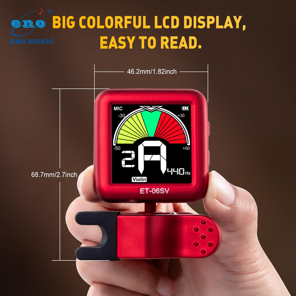 ENO MUSIC Rechargeable Type-C Quick Charge Easy Control Big LCD Display Easy Reading Clip-on Tuner for 4/4 Violin Viola Bass, Red