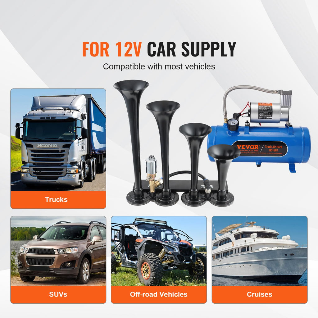 VEVOR 4 Trumpet Air Horn Kit, 150dB Train Horns for Pickup Trucks, 12V 120 psi Air Compressor 0.8 Gal/3 L Tank with Gauge for Any 12V Vehicle Car Truck Train Van Boat