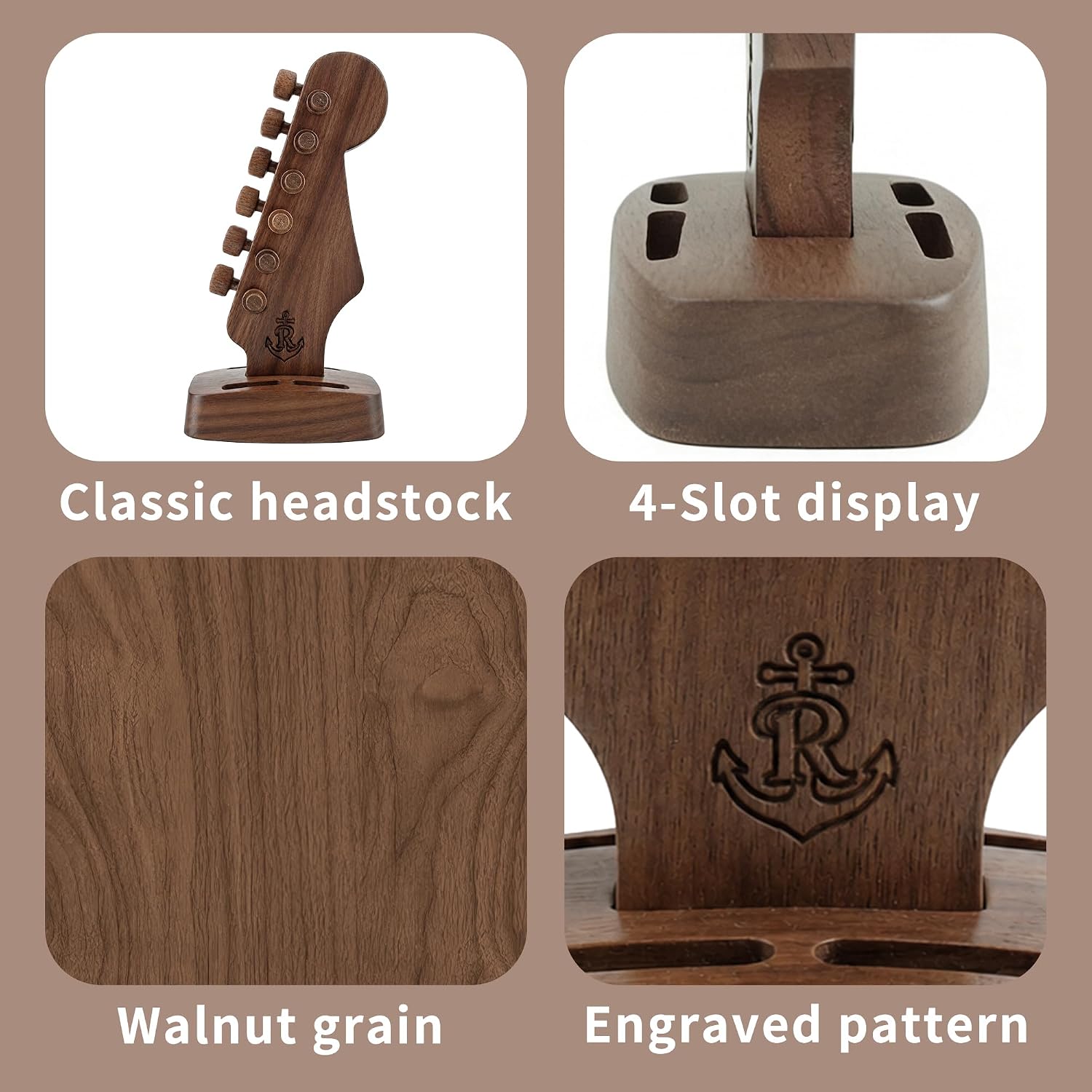 Rockhouse Wooden Guitar Headstock Pick Holder, Walnut Solid Wood Storage Stand Plectrum Organizer with 4 Pick Slots, Gift for Fender Guitarist