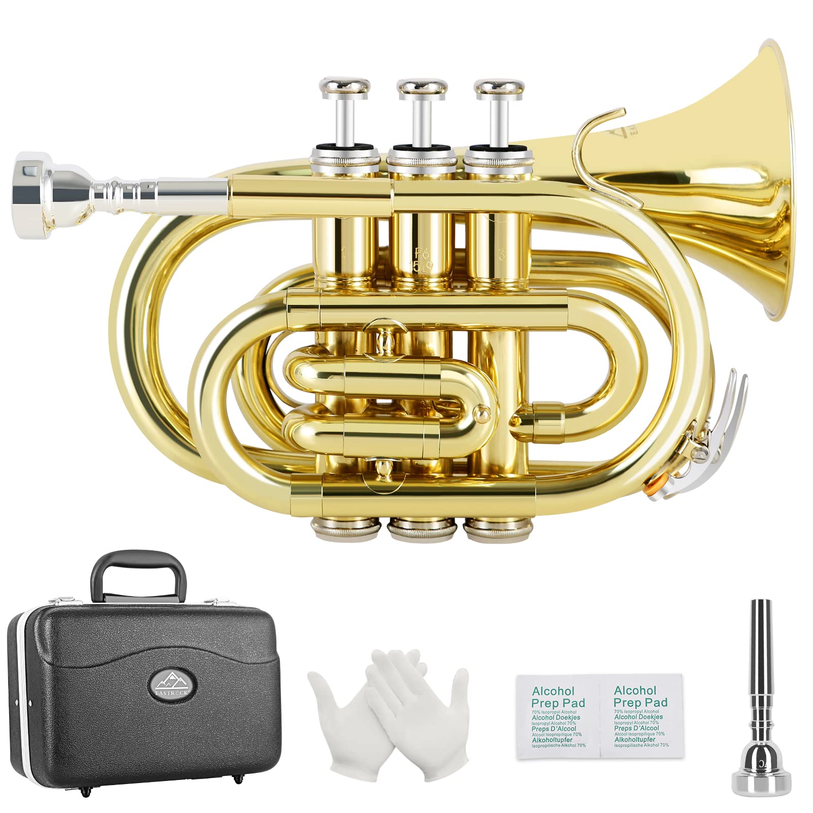 EastRock Pocket Trumpet Brass Bb Nickel Plated Trumpet with 7 C Mouthpiece, Hard Case, Strap, White Gloves, Cleaning Kit for Students and Beginners