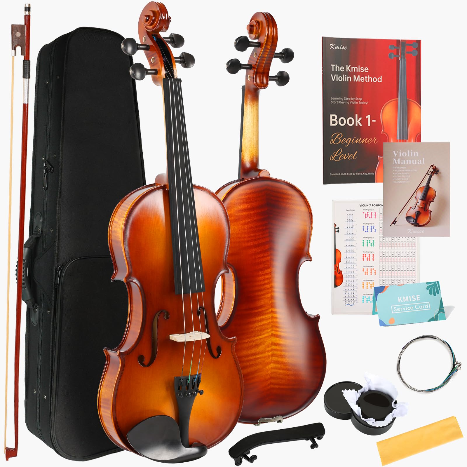 Kmise Teacher Approved 4/4 Full Size Violin Starter Kit for Adults Beginners Students, High Density Ebony Acoustic Violins, Fiddle Bundle with Case, Bow, Rosin, Strings, Shoulder Rest & Guide
