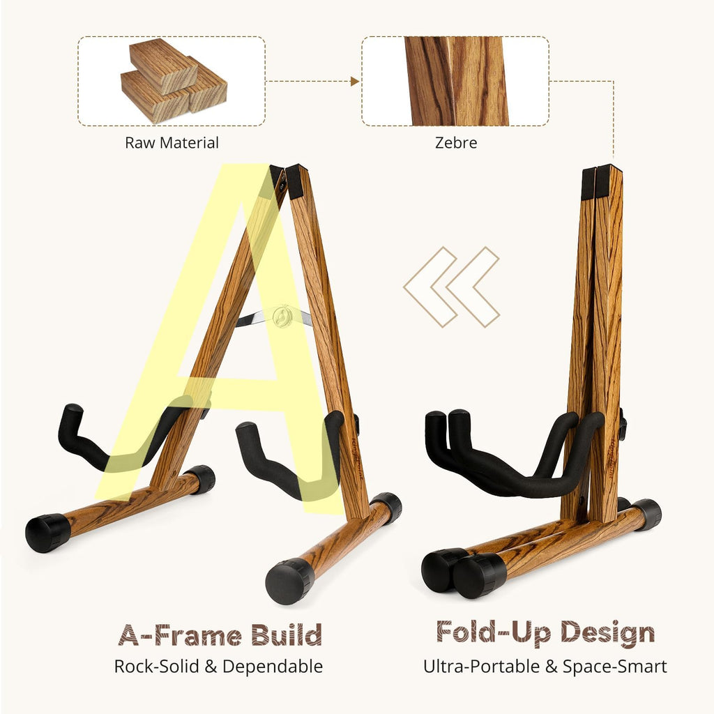 KingPoint Guitar Stand, Guitar Floor Stand, Acoustic Electric Wooden A Frame Folding Guitar Holder Adjustable for Bass, Cello, Mandolin, Banjo, Ukulele (Acacia)