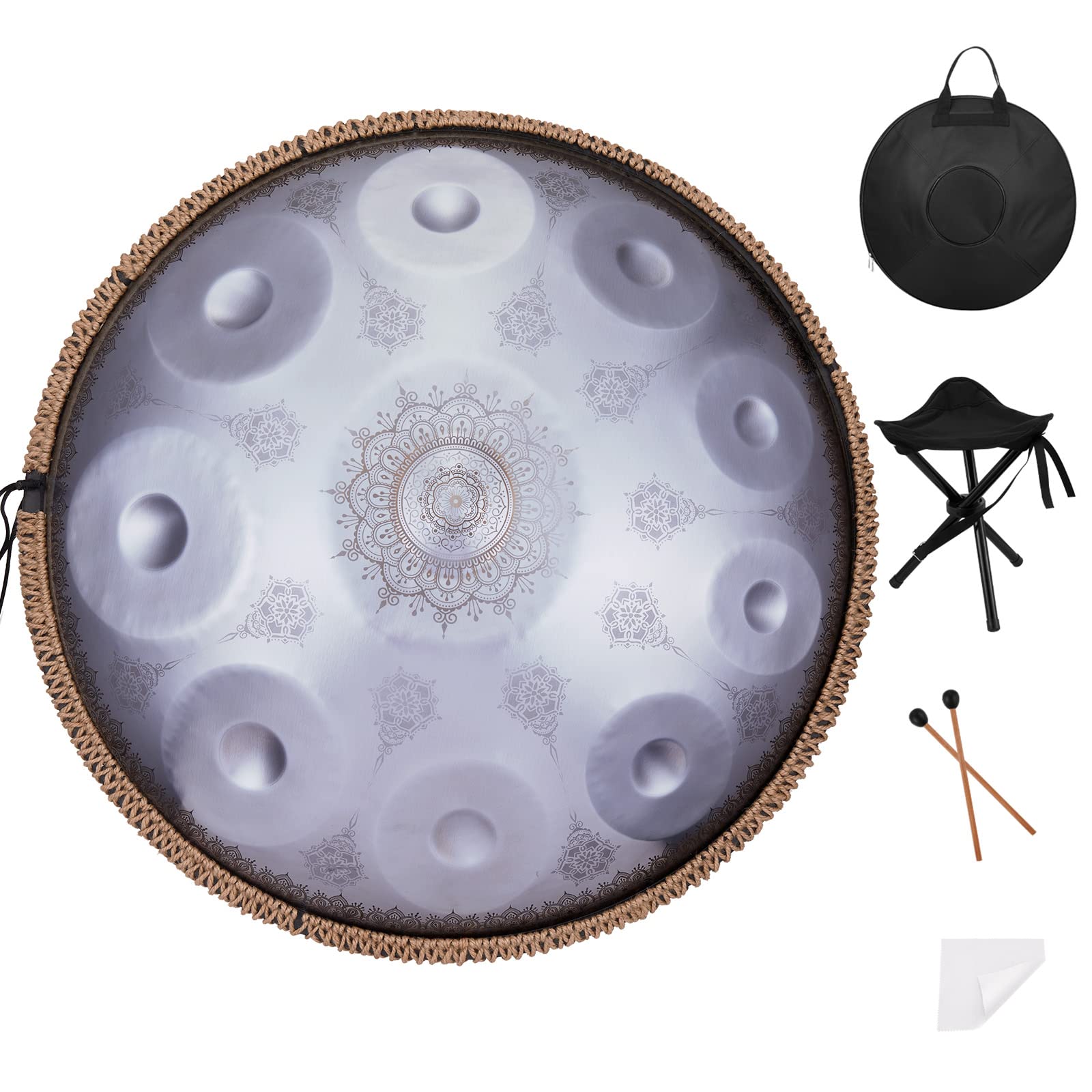 Handpan Drum 22 Inches D Minor Kurd, 432Hz 10 Notes Hand Drum Instrument, Premium Steel Drum, Handpan Instrument for Adults (Gold)