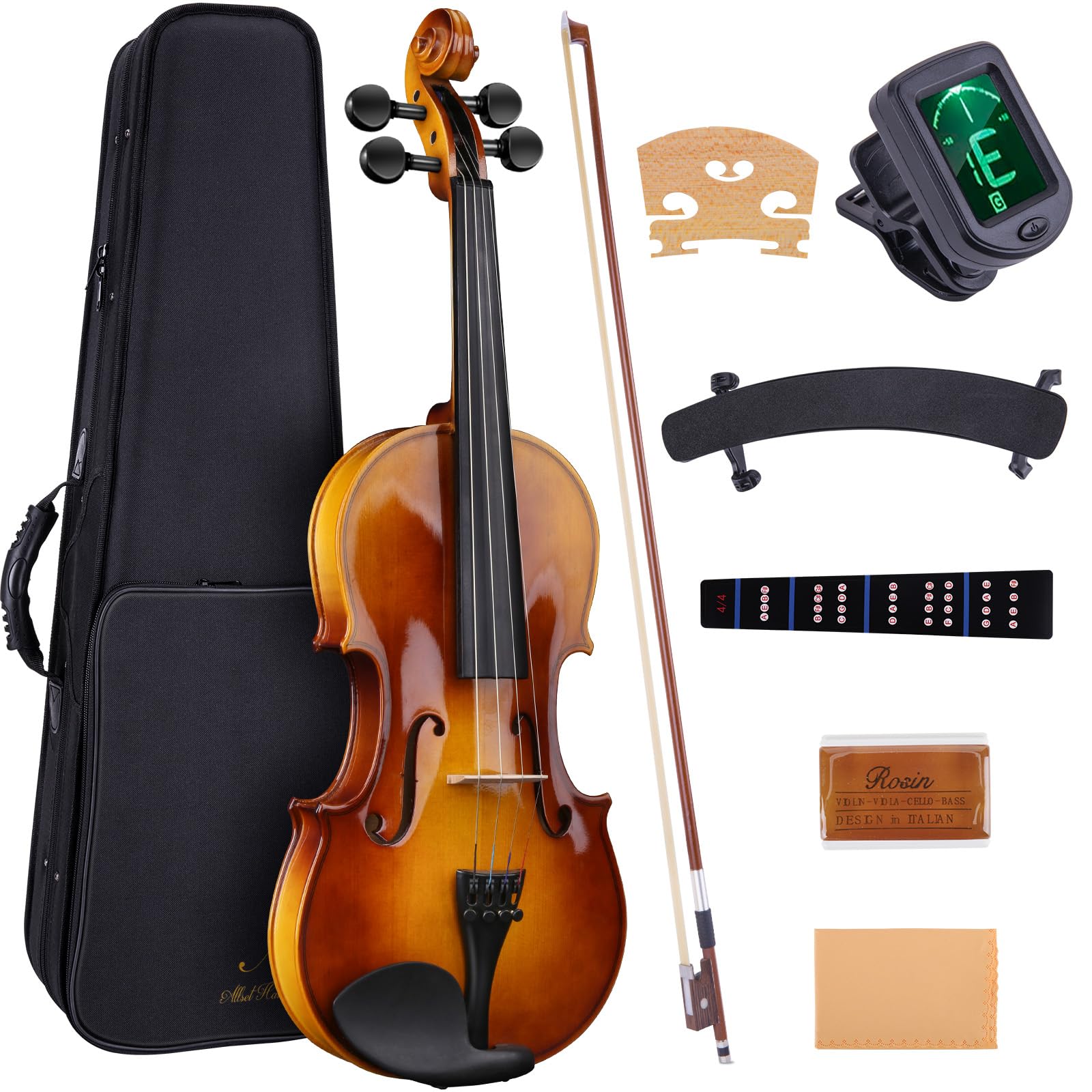 Allset Violin Fiddle Set: 4/4 Polished Violin Kit for Beginners, Acoustic Violin with Hard Case, Solidwood Handmade Starter Kit with Bow, Rosin, Shoulder Rest, Tuner, Strings-Burgundy (yellow, Full)