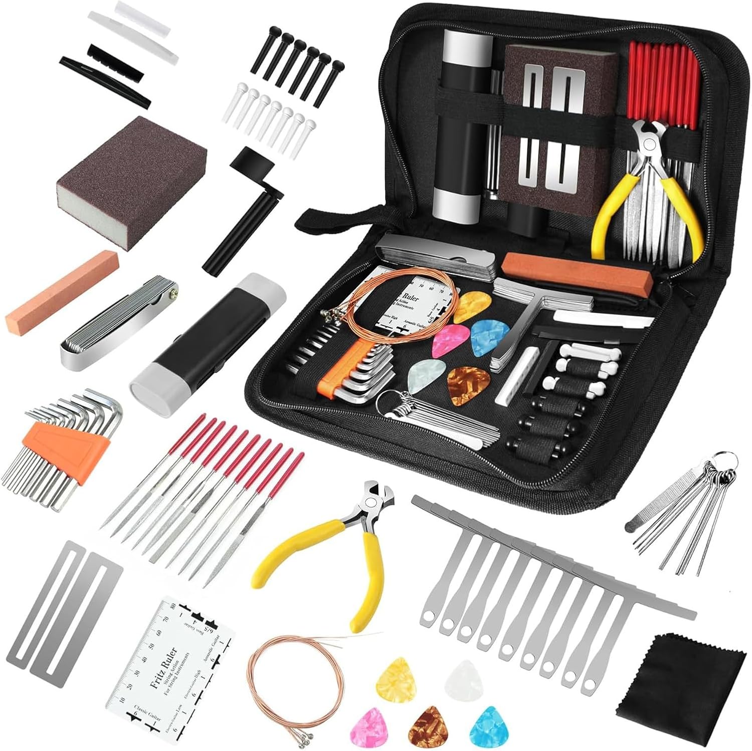 72Pcs Guitar Repair Tool Kit Maintenance Set with Strings & Tools | Complete guitar setup and maintenance kit with repair tools, strings, picks and storage case for players and technicians