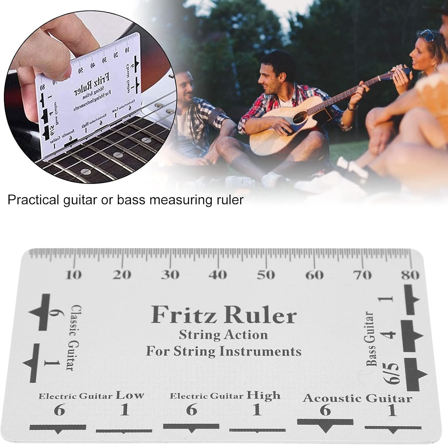 String Action Gauge Ruler, 3.3 x 2.1in Guitar String Height Gauge Guitar String Setup Tool for Electric Guitar Bass Acoustic Guitar Mandolin Banjo