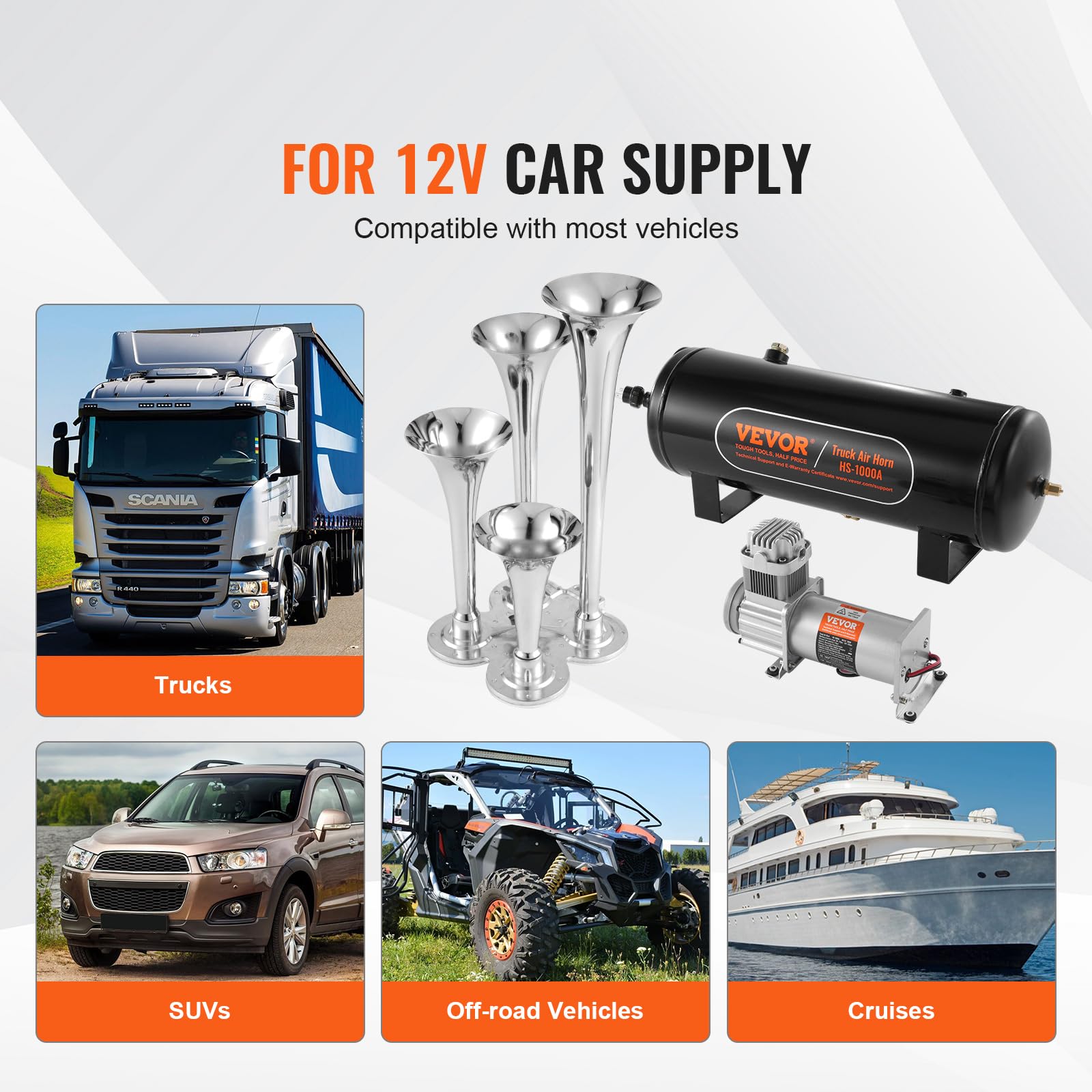 VEVOR 4 Trumpet Air Horn Kit, 150dB Train Horns for Pickup Trucks, 12V 120 psi Air Compressor 0.8 Gal/3 L Tank with Gauge for Any 12V Vehicle Car Truck Train Van Boat