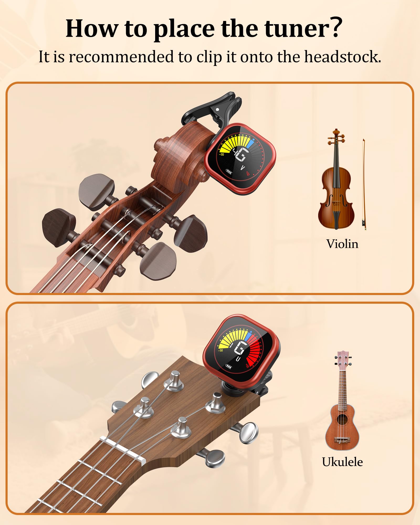 New Bee Guitar Tuner Clip-On Rechargeable with Color Screen 360° Rotatable Acoustic Chromatic Open Tuning for Guitar, Bass, Ukulele, Violin, Cello(Black, 1 Pack)