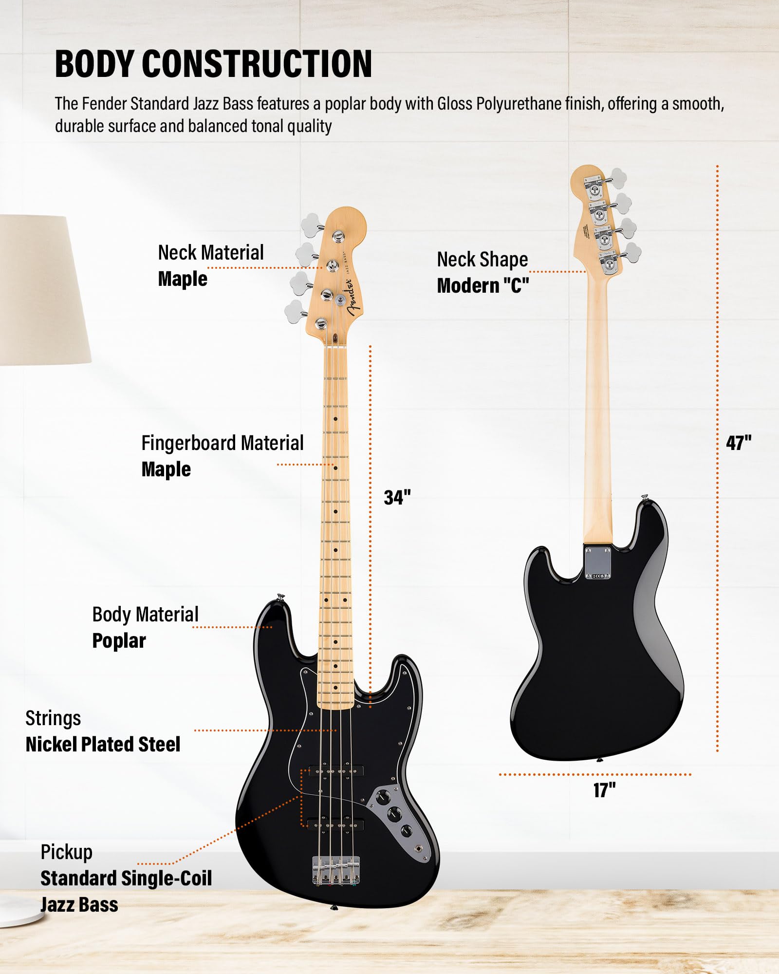 Fender Standard Jazz Bass - Olympic White Bundle with Strap, Guitar Cleaning Kit and Austin Bazaar Instructional Video