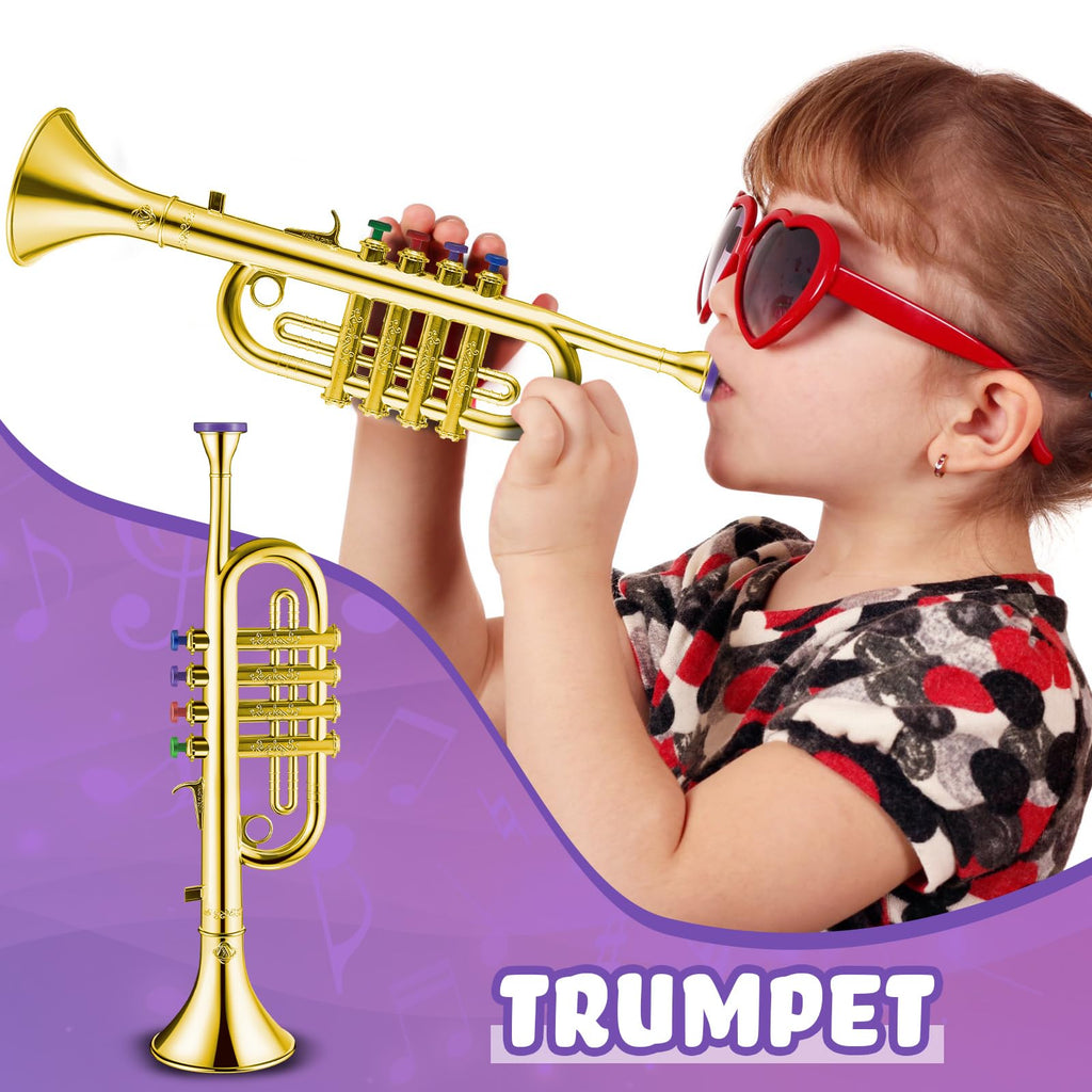 Lewtemi Gold Trumpet Musical Instruments Toy for Kid Toddler Fake Plastic Preschool Music Toy Gift Non-Professional Wind Instrument Early Educational Teaching Songs Gifts for Toddlers Children