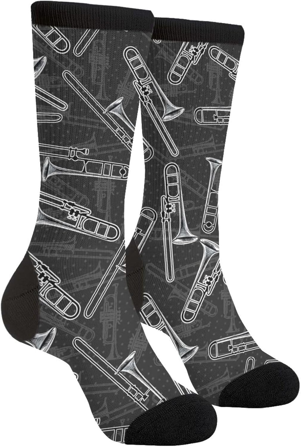 YISHOW Black White Trombones Vintage Unisex Novelty Crew Socks Casual Funny Crazy Dress Socks Gift