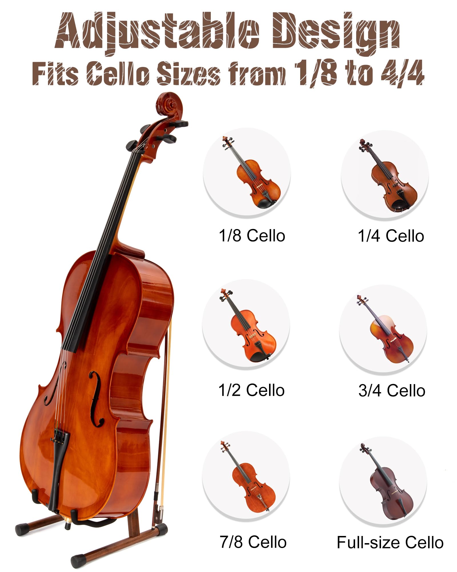 Cello Stand with Bow Holder, Mahogany Wooden A-Shape Floor Stand with Padded Foam, Handcrafted Cello Rack Fits 1/2, 3/4, 7/8, 4/4 Full-Size and Guitar, Instrument Holder for Home and Studio Display