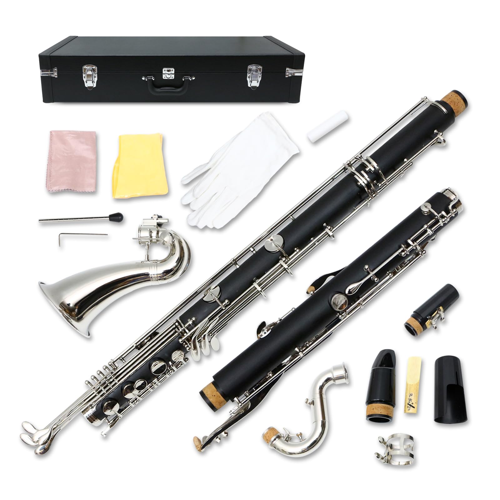 Professional Bass Clarinet Low E Bb flat Synthetic wood Body Nickel Plated Keys with Case Rich Sound Musical Instrument Student Clarinet (Low E)