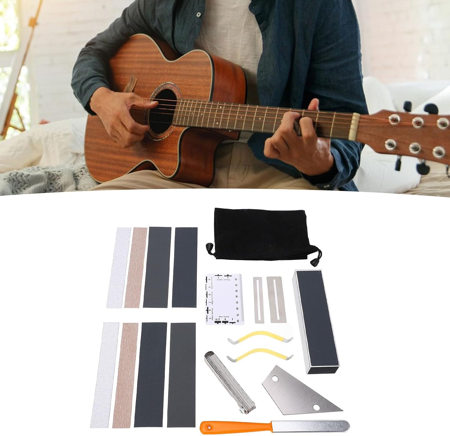 18PCS Guitar Luthier Tool Set, Guitar Maintenance Kit with Aluminum Fret File, String Height Ruler & Sandpaper Strips, for Electric Guitar, Bass, Ukulele, Banjo and