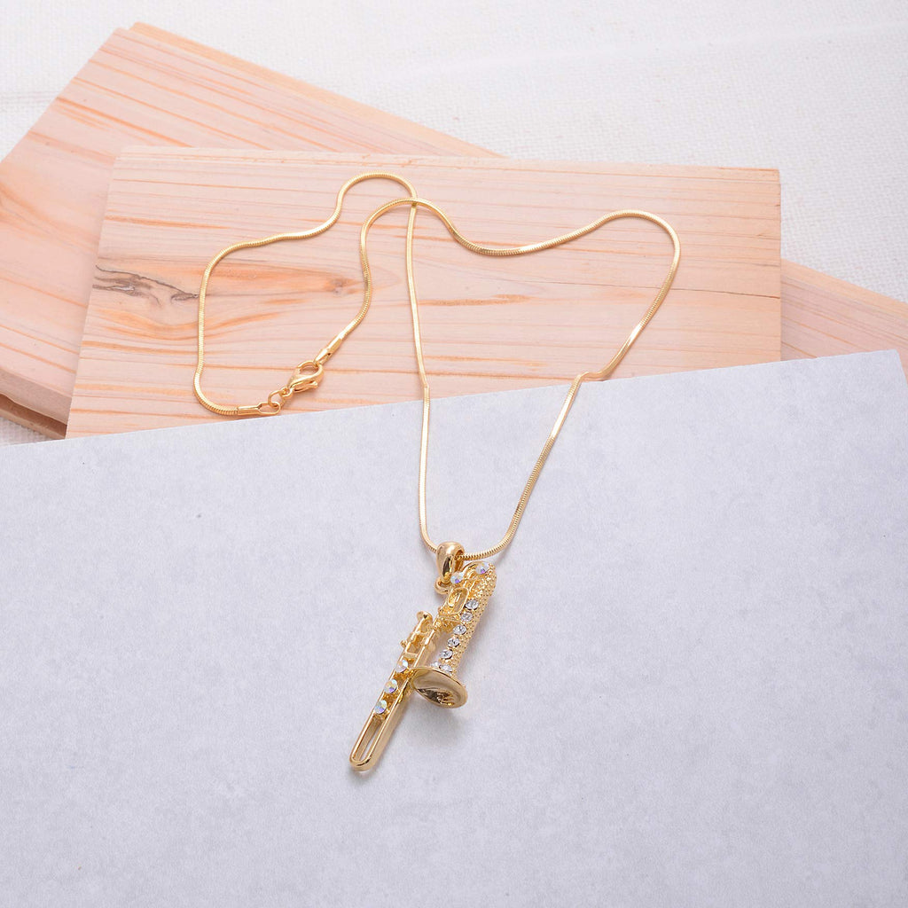 Spinningdaisy Trombone Necklace for Music Lovers, Rhinestone Instrument Pendant, 16” + 2” Extender Snake Chain