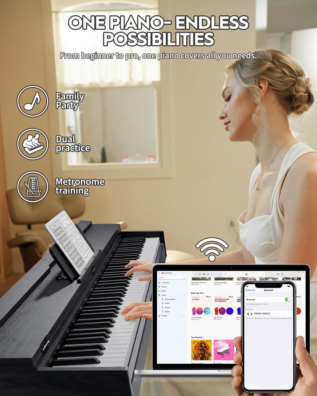 STRICH 88 Key Digital Piano, Hammer-Action Weighted Keyboard, Full Size Desk Cover Electric Piano Keyboard with Stand, 25Wx2 Speakers, Headphones, Three Pedal, SDP-350S(Color Mahogany)