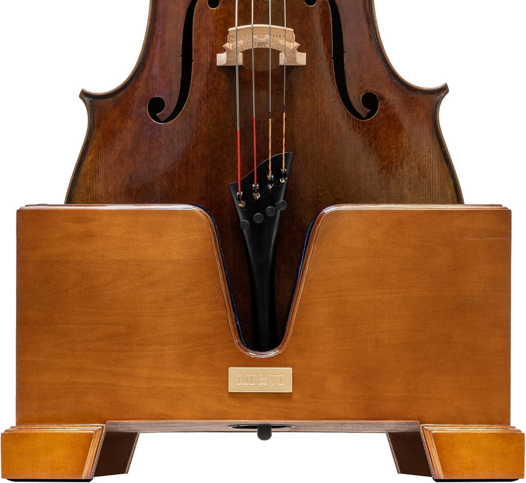 MI&VI Classic Wooden Cello Box Stand 4/4 Full Size - Burgundy Red Velvet Plush Cushion Wood Cello Stand with Bow Storage Holder Slot Included