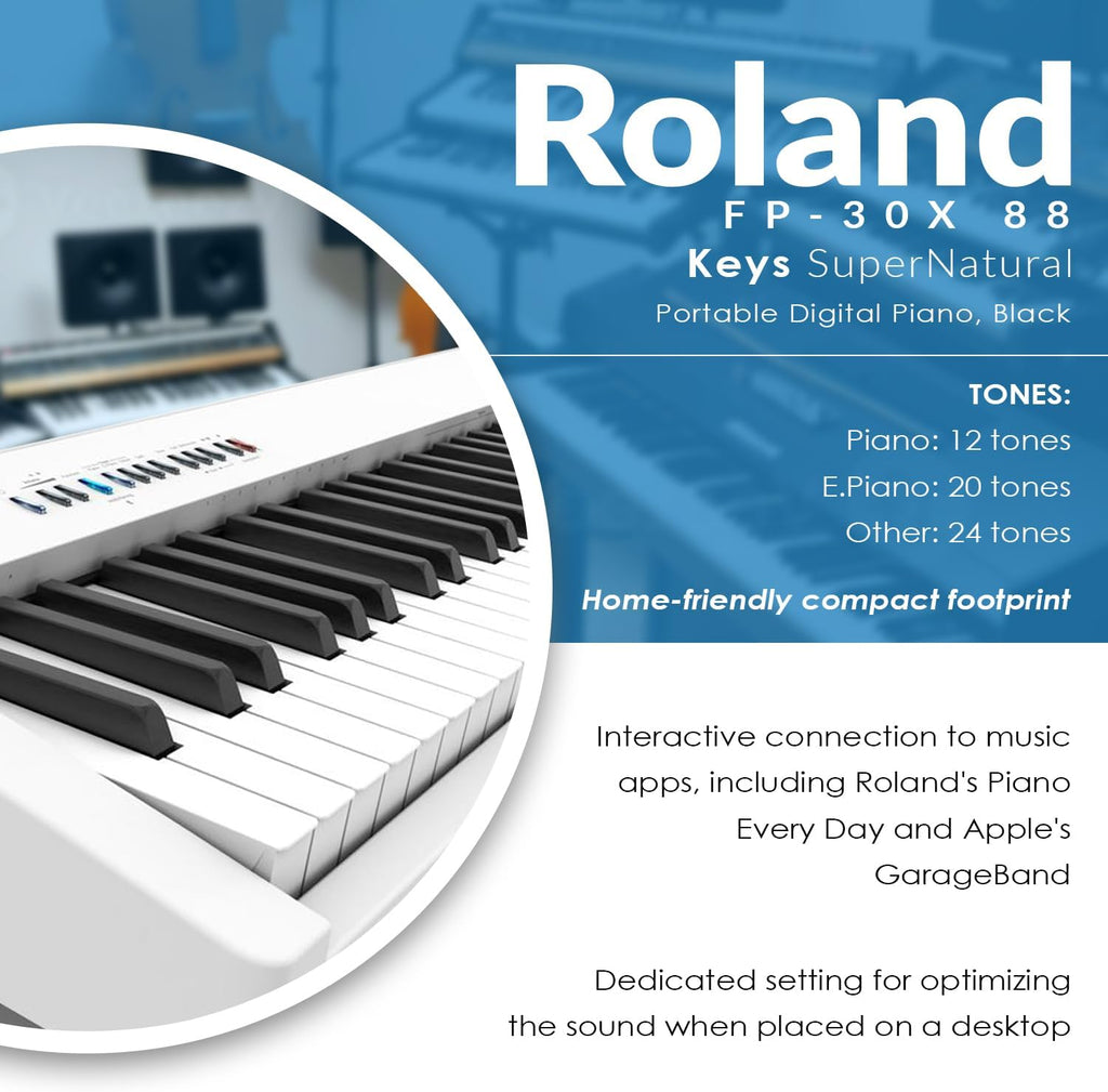 Roland FP-30X 88 Keys SuperNATURAL Portable Digital Piano, White Bundle with H&A Studio Monitor Headphones, Keyboard Stand, Bench and Sustain Pedal