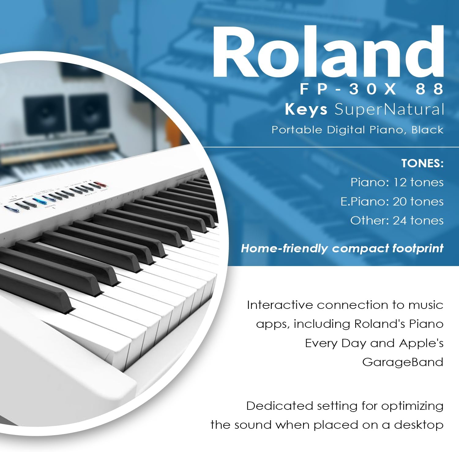Roland FP-30X 88 Keys SuperNATURAL Portable Digital Piano, White Bundle with H&A Studio Monitor Headphones, Keyboard Stand, Bench and Sustain Pedal