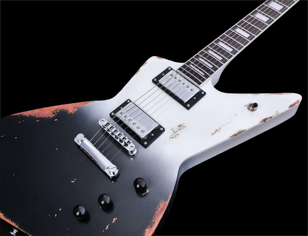 KGD Relic Electric Guitar-6-String Heavy Metal Guitar with Bone Nut, Professional Electric Guitar for Adults(Black&White)