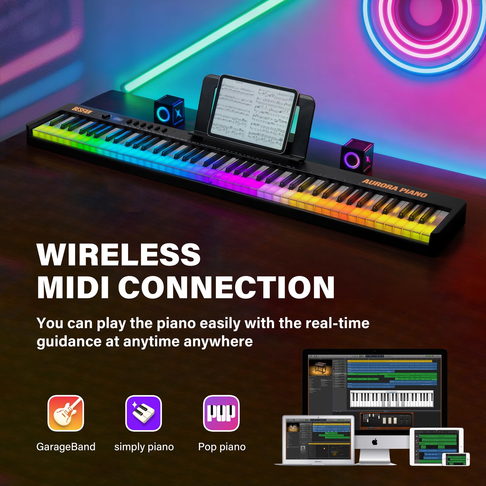 Foldable 88-Key Piano Keyboard with Colorful Lighted Keys, Semi-Weighted Full Size Keys, Portable Digital Piano with USB-MIDI, Built-in Speakers, Sustain Pedal, Battery for Beginners & Adults
