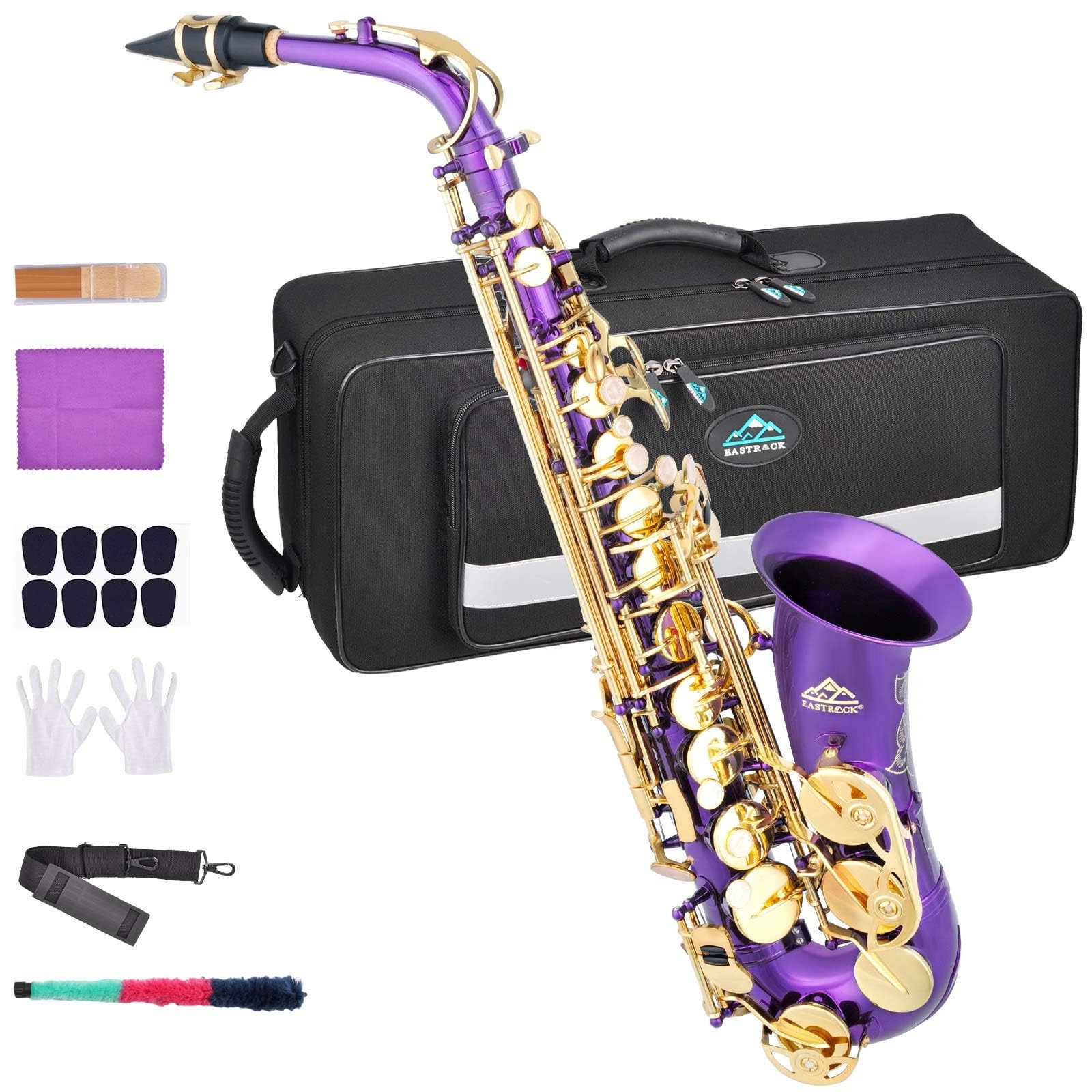 EASTROCK Black/Golden Alto Saxophone E Flat Sax Full Kit for Students Beginner with Carrying Case,Mouthpiece,Mouthpiece Cushion Pads,Cleaning Cloth&Cleaning Rod,White Gloves,Neck Strap