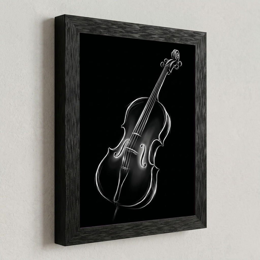 Framed Canvas Wall Art Minimalist Abstract Cello Musical Instrument Electric White Glowing Lines on Black Canvas Print Poster Black Frame Wall Decor for Music Room Studio Modern Art, Inch 24x36