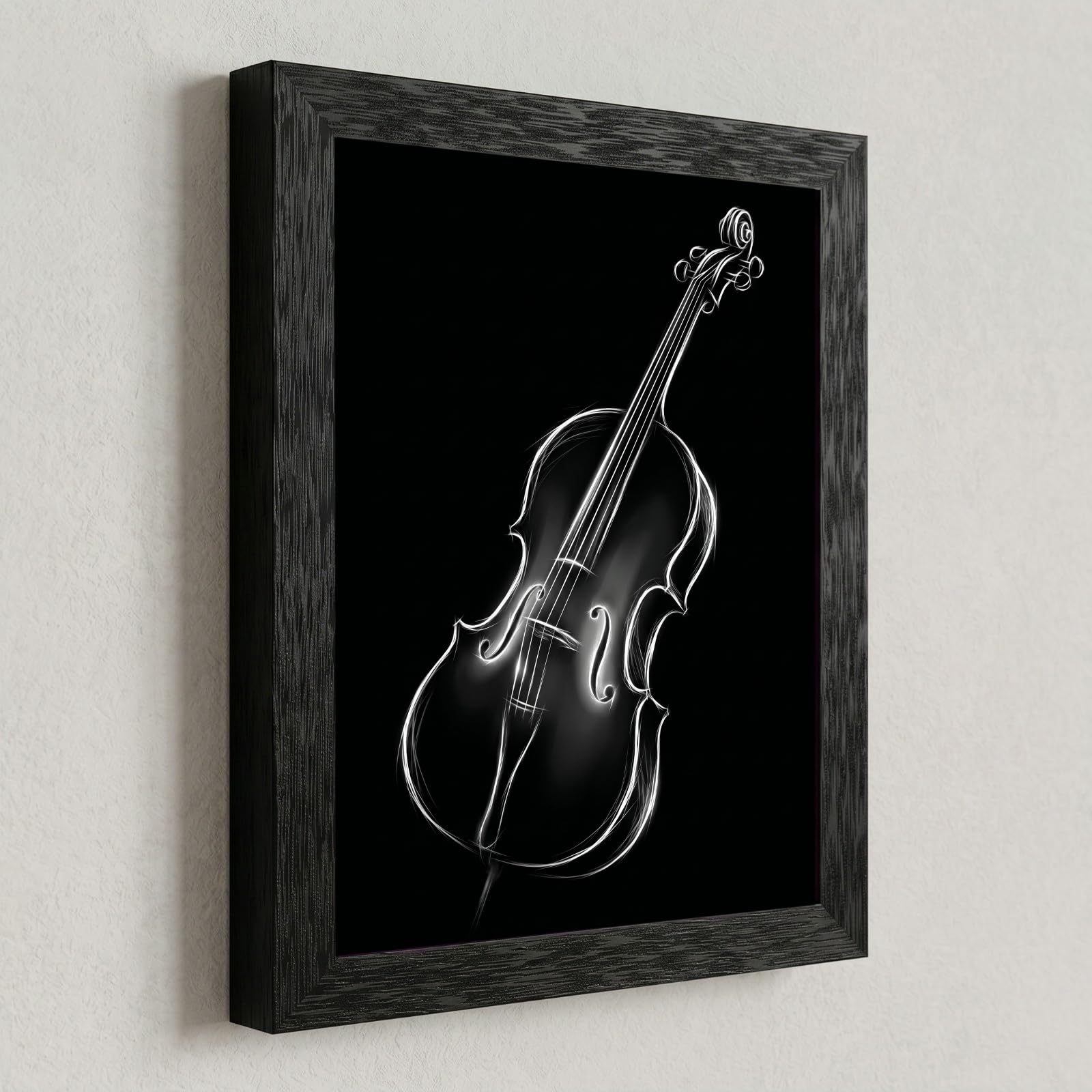 Framed Canvas Wall Art Minimalist Abstract Cello Musical Instrument Electric White Glowing Lines on Black Canvas Print Poster Black Frame Wall Decor for Music Room Studio Modern Art, Inch 24x36