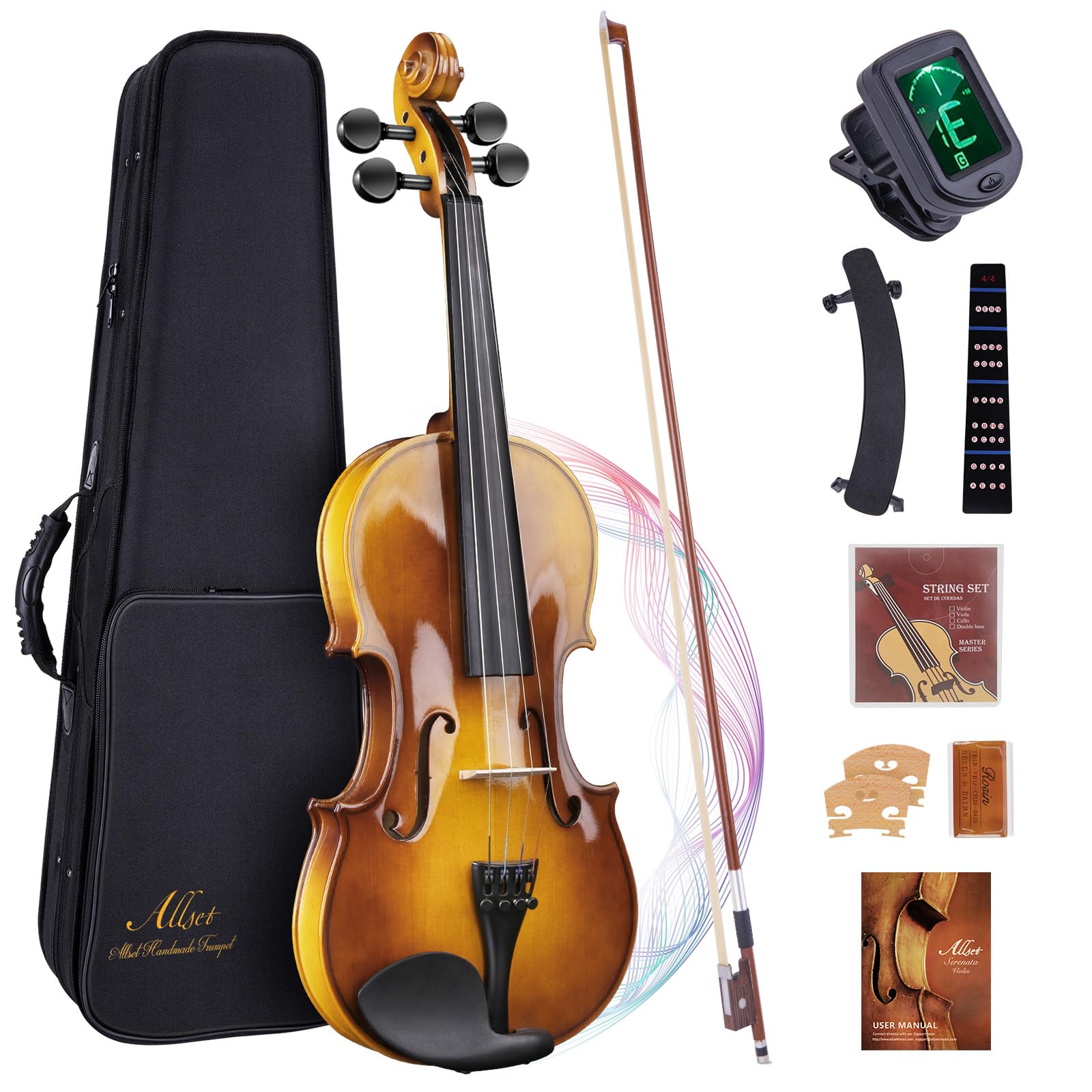 Allset Violin Fiddle Set: 4/4 Polished Violin Kit for Beginners, Acoustic Violin with Hard Case, Solidwood Handmade Starter Kit with Bow, Rosin, Shoulder Rest, Tuner, Strings-Burgundy (yellow, Full)