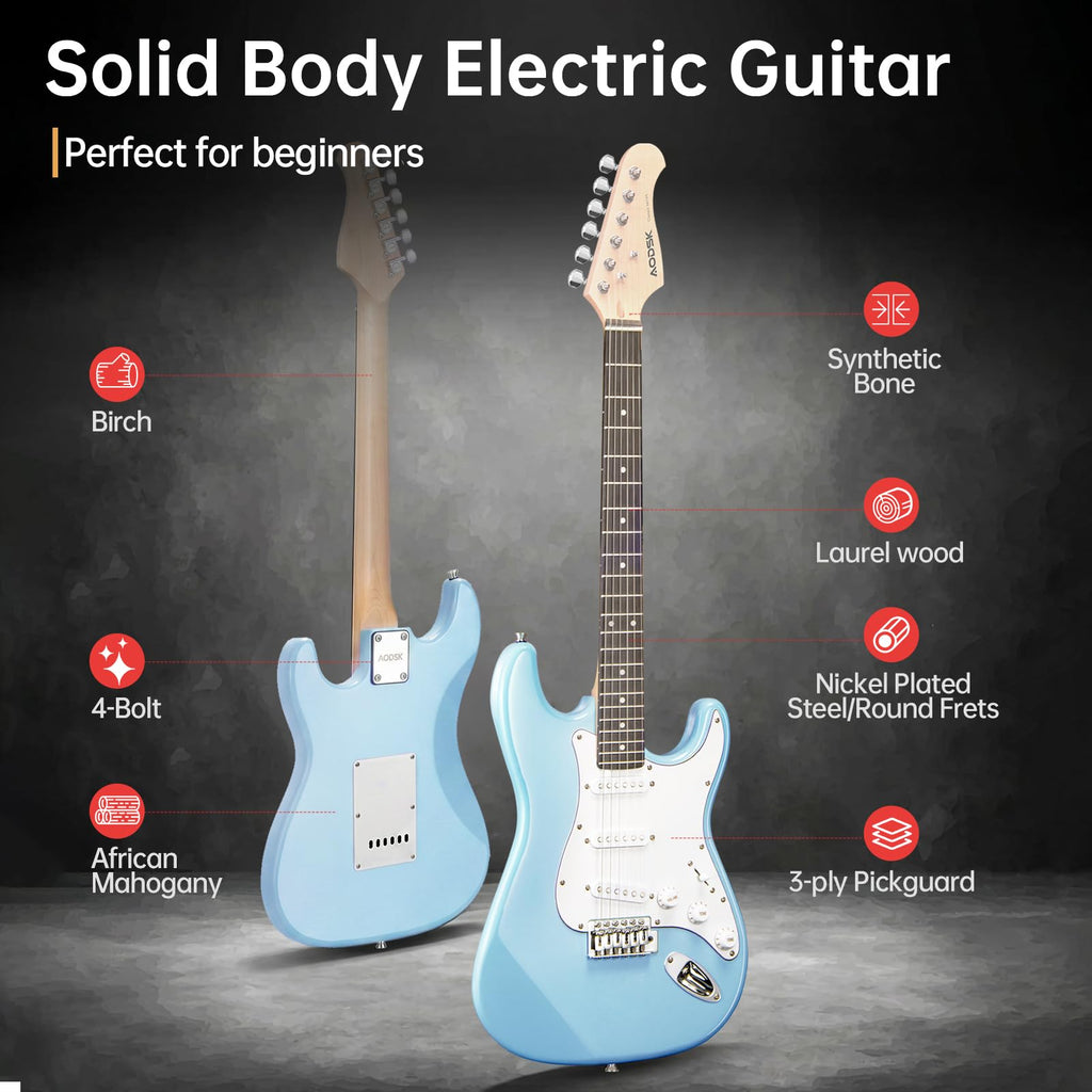AODSK Electric Guitar with Amp Beginner Kit 39 Inch Solid Body Full Size,All Accessories,Digital Tuner,Six Strings,Four Picks,Tremolo Bar,Strap,Gig Bag,Starter kit (Blue-HSS)