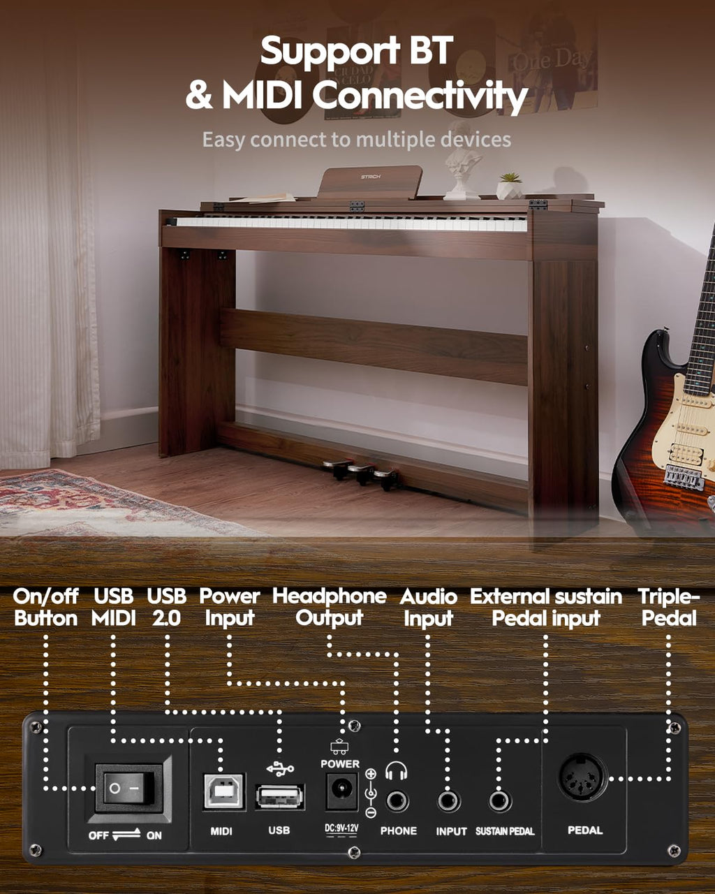 STRICH Digital Piano 88 Keys, Hammer-Action Weighted Keyboard, Full size Electric Piano Keyboard with Furniture Stand, 25Wx2 Speakers, Supports USB-MIDI/Wireless Connect, SDP-300W (Color Walnut Wood)