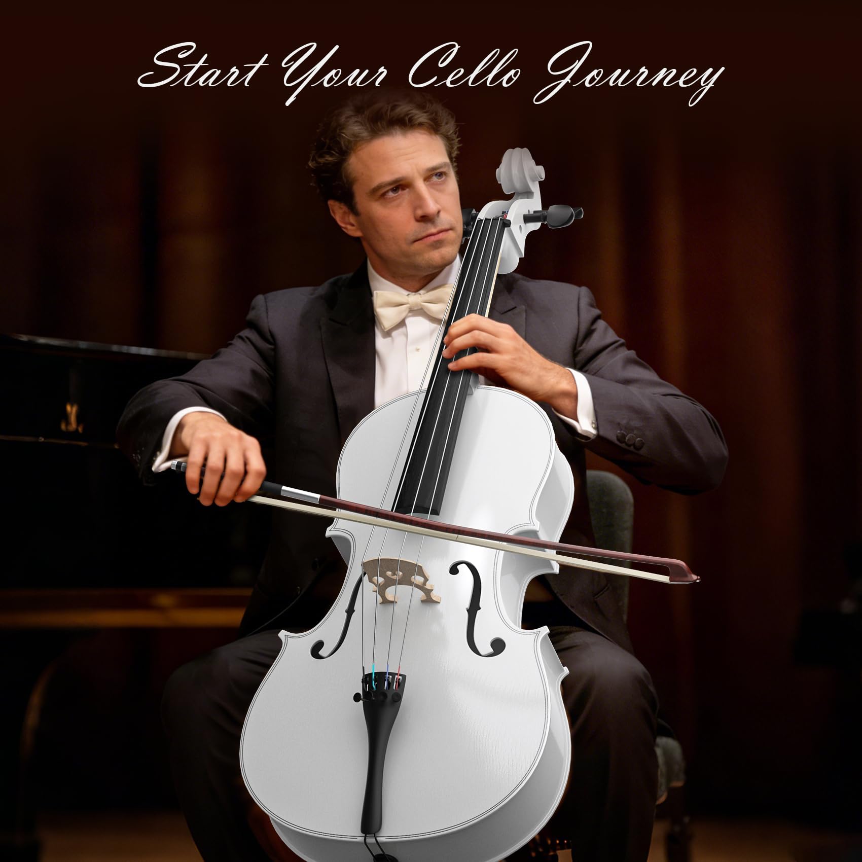 Full Size Cello Kit, Acoustic Cello Instrument for Adults,Beginners,Students,Complete Cello 4/4 Set with Portable Bag, Bow, Rosin (Black)