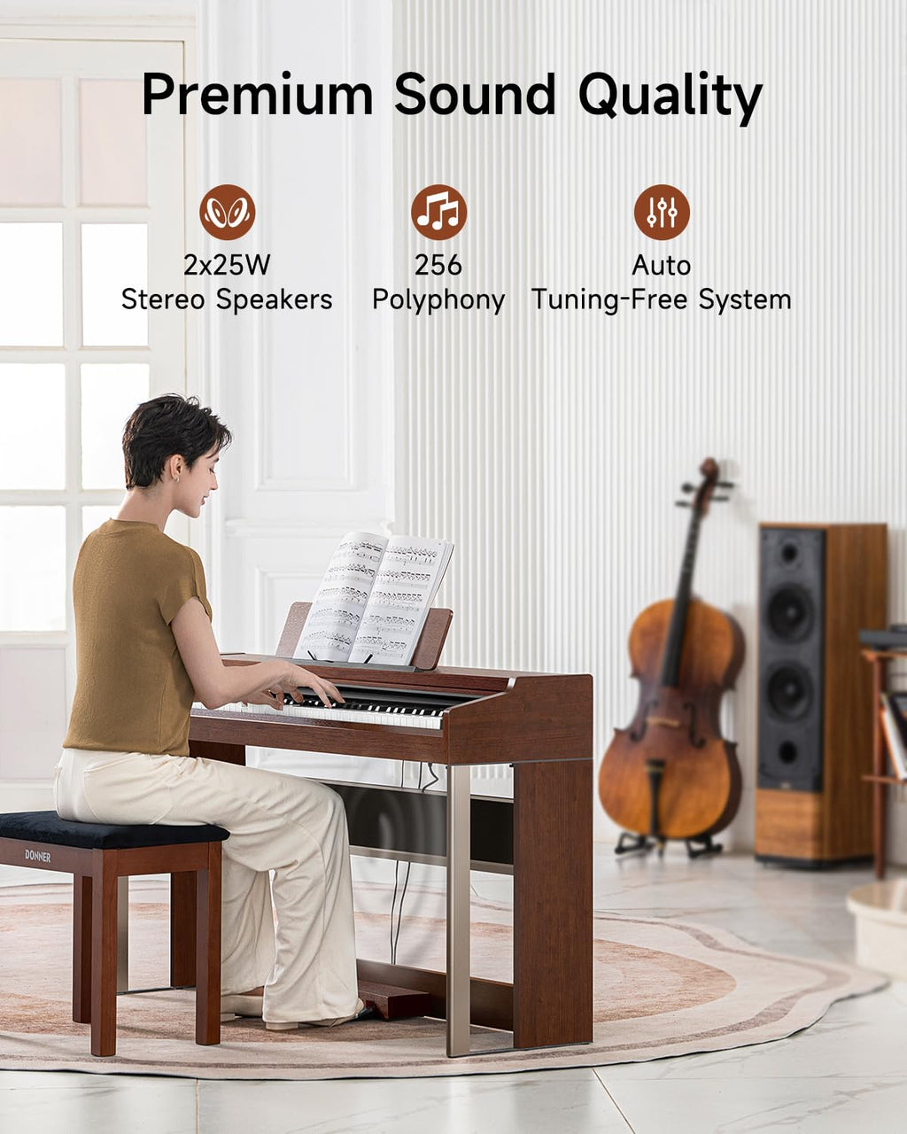 Donner DDP-200 Pro Digital Piano with 88 Key Graded Weighted Keyboard, Wireless Piano with 2.4" IPS Screen Record, 256 Polyphony, Full Size Piano Keyboard Gifts for Beginner Advanced, Wood Graina