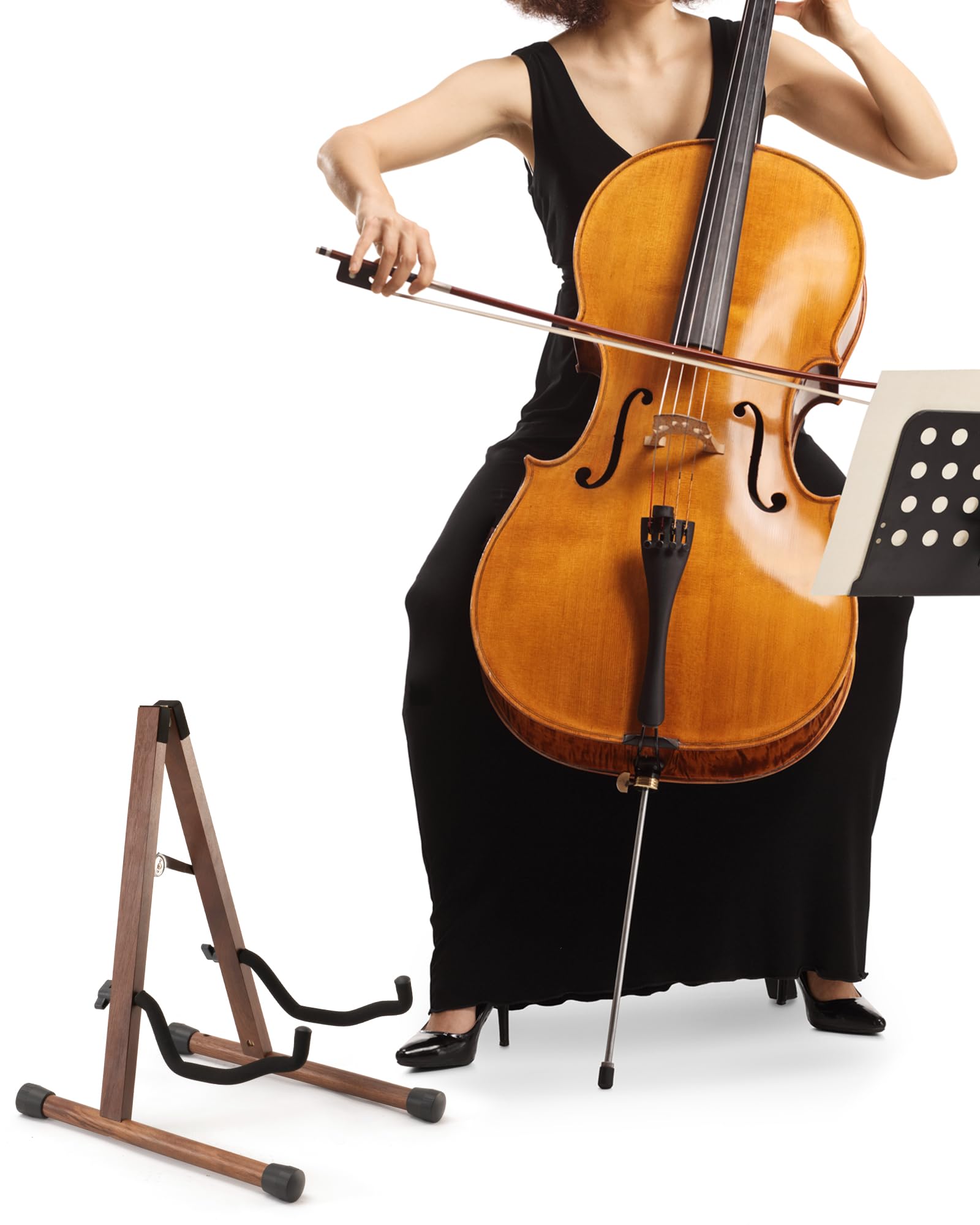 Cello Stand with Bow Holder, Mahogany Wooden A-Shape Floor Stand with Padded Foam, Handcrafted Cello Rack Fits 1/2, 3/4, 7/8, 4/4 Full-Size and Guitar, Instrument Holder for Home and Studio Display